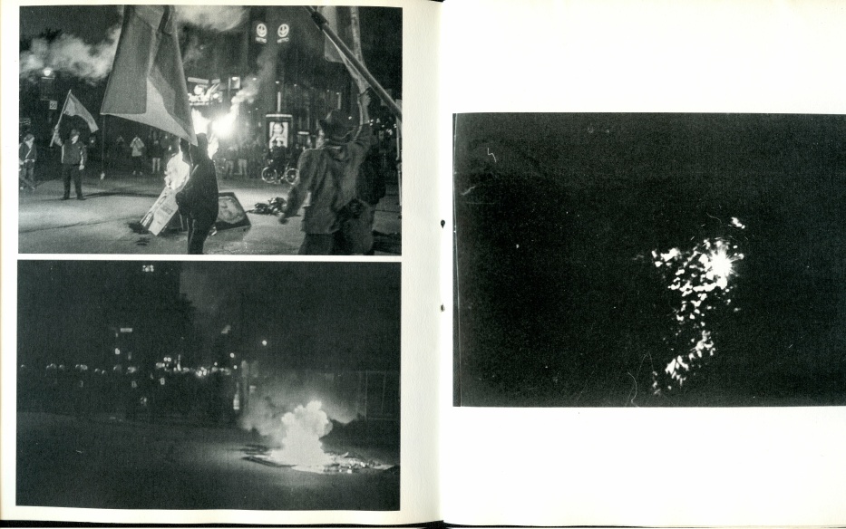 page inside the zine Big Bang, with 3 black and white pictures, one represents a protest, the other one a fire, and the other one is abstract