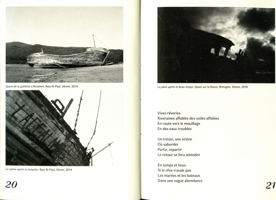 page from a zine, with 3 black and white pictures of wrecked boats, and a poem